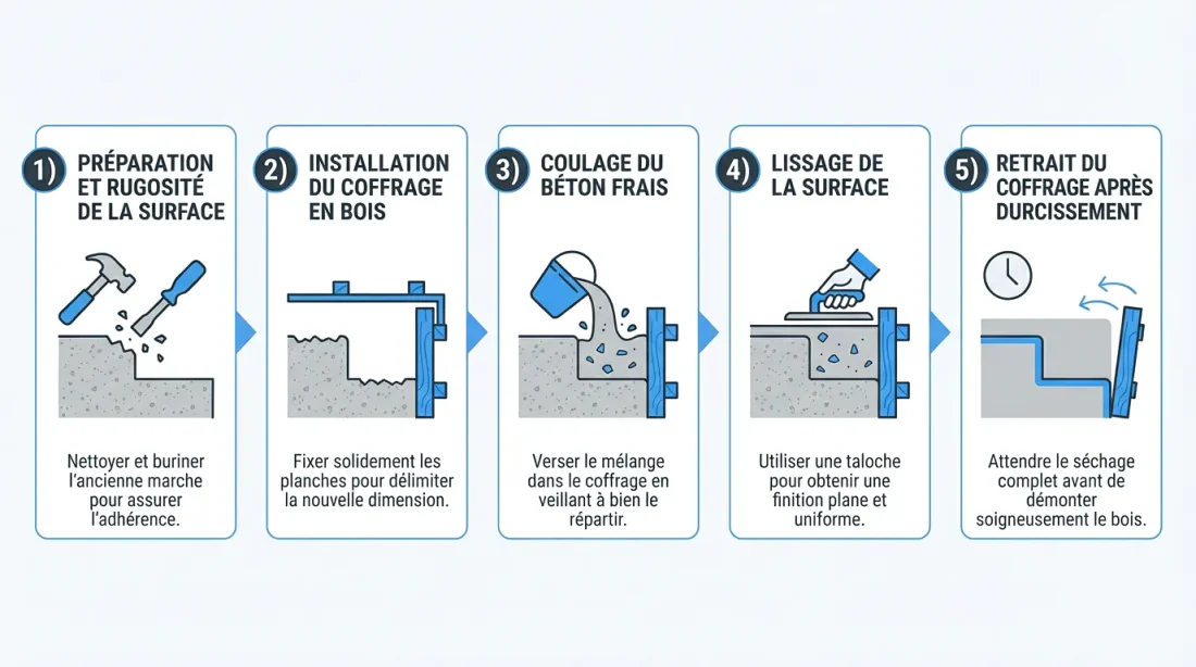 Gros plan sur une marche d'escalier béton avec flèche illustrant l'agrandissement du giron