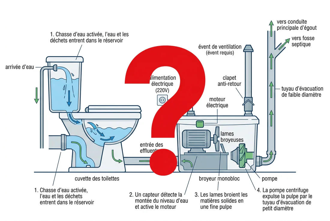 Fuite d'eau et tartre sur la tuyauterie d'un vieux WC broyeur défectueux
