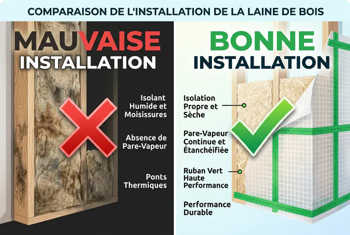 Infographie comparative avant/après montrant les risques de moisissure sans frein-vapeur et une pose réussie.