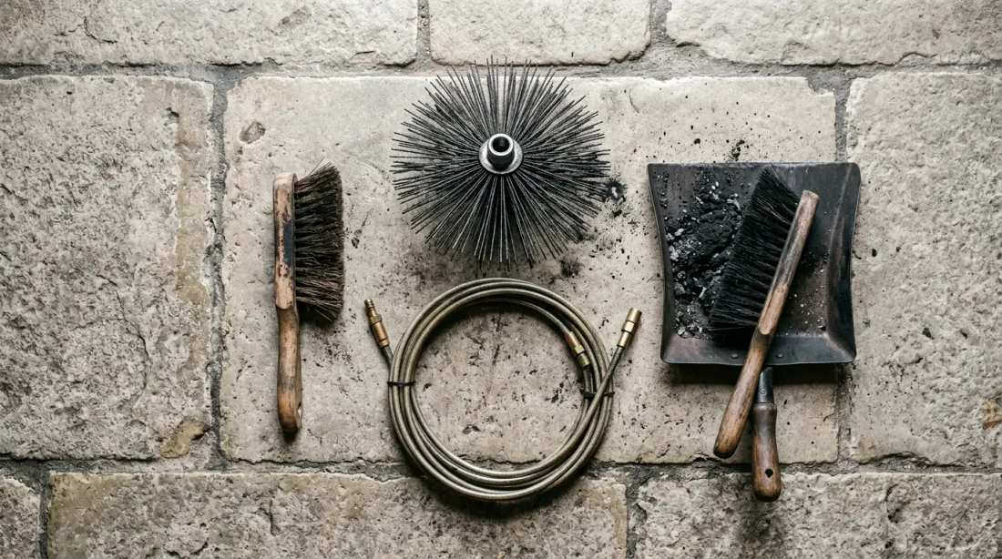 Gros plan d'une main gantée tenant de la suie noire au-dessus d'un foyer de cheminée