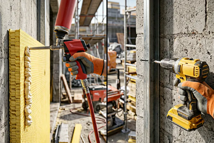 Écran scindé montrant l'application de mousse adhésive sur panneau polyuréthane à gauche, et la fixation d'un rail métallique à droite