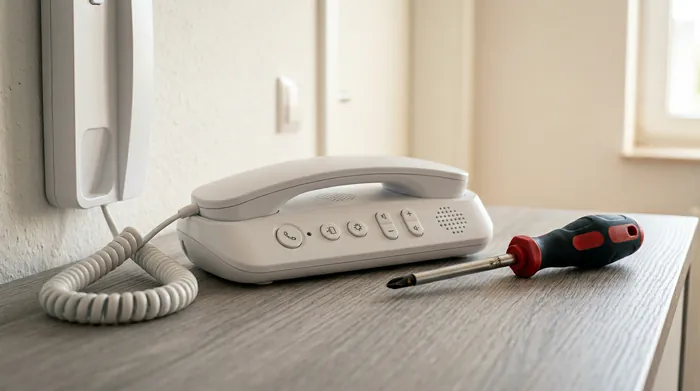 Avant après du remplacement d'un vieux combiné interphone jauni par un modèle neuf