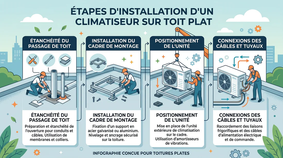Infographie schéma montrant les étapes d'installation d'un groupe clim sur toit plat