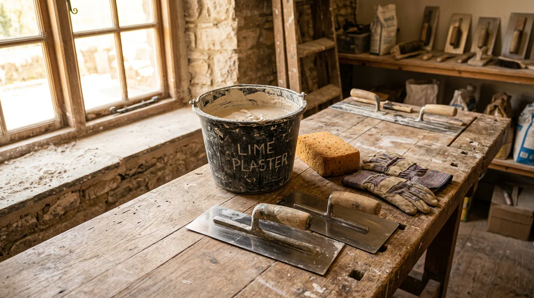 Matériel et outils professionnels nécessaires pour lisser un enduit à la chaux.