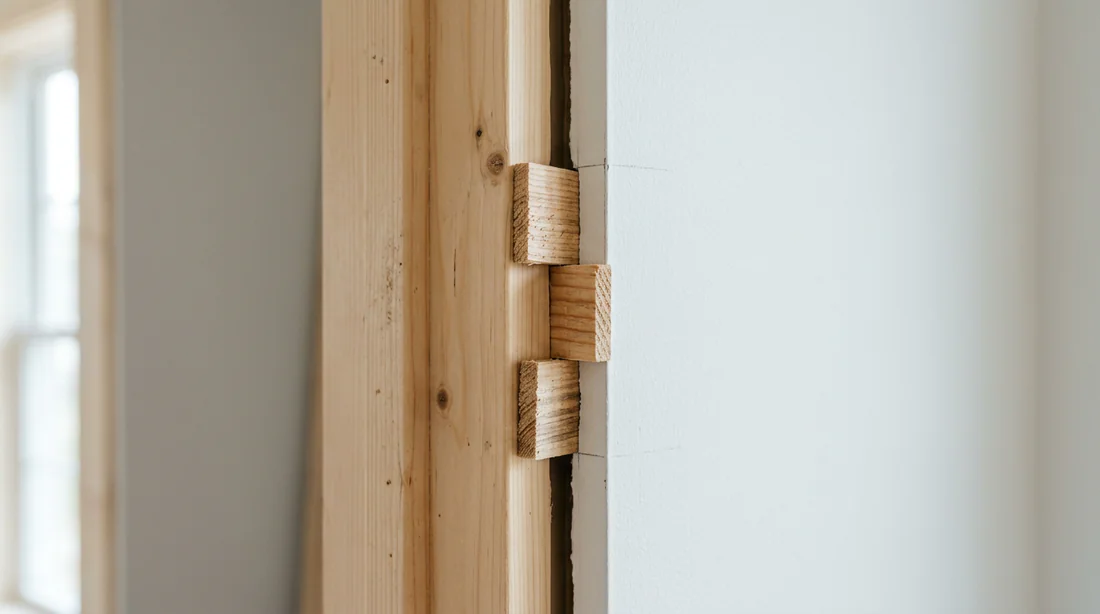 Calage du bloc porte à l'aide de cales en bois pour assurer l'aplomb