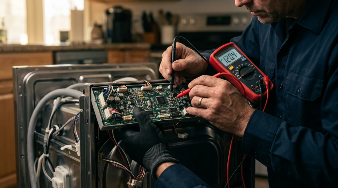 Technicien utilisant un multimètre pour tester un lave-vaisselle