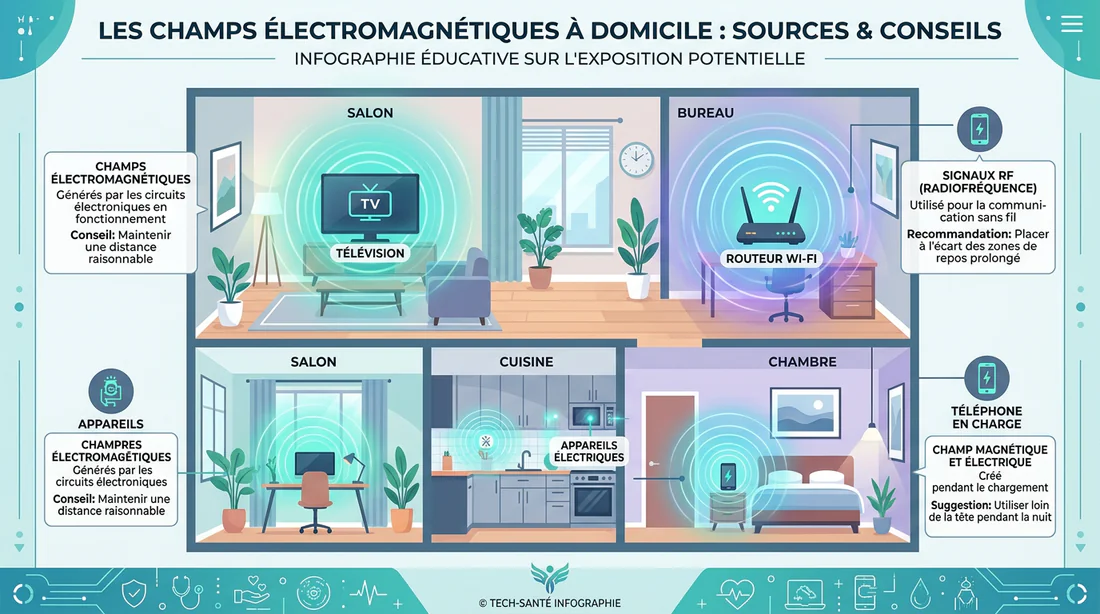 Infographie des zones d'exposition aux ondes électromagnétiques dans une maison