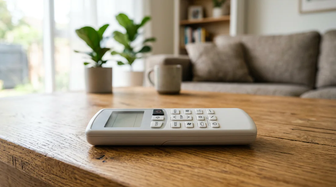 Vue rapprochée d'une télécommande Daikin posée sur une table