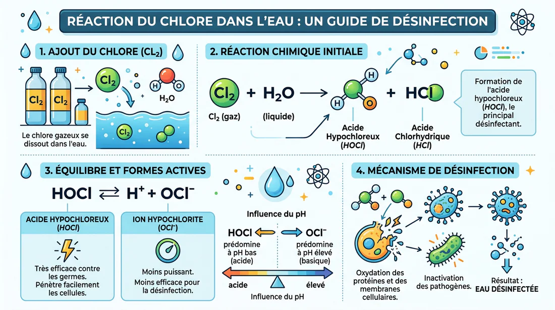 Infographie expliquant l'action du chlore dans la piscine