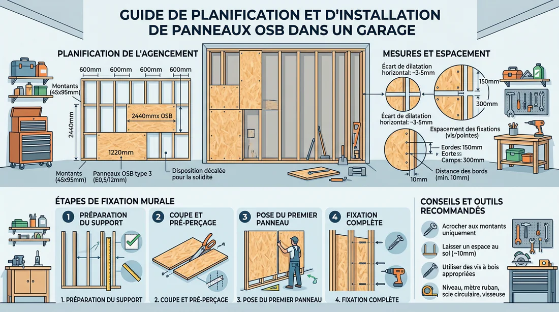 Schéma explicatif du plan de pose et des mesures pour l'installation d'OSB