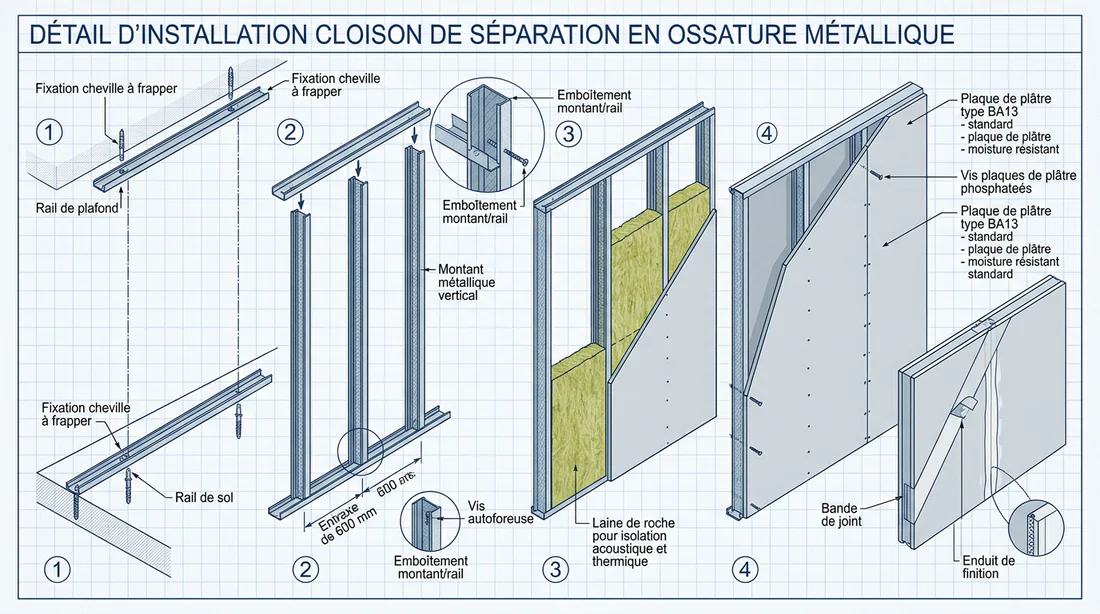 Schéma technique d'installation d'une cloison en placo avec ossature métallique
