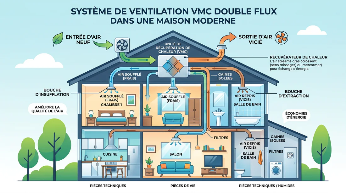 Schéma explicatif du fonctionnement d'un système de ventilation mécanique dans une maison