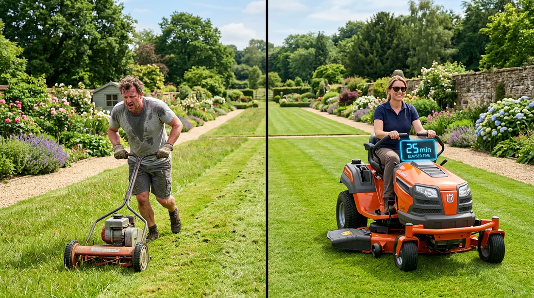 Gros plan sur un tracteur tondeuse moderne sur une pelouse parfaitement entretenue.
