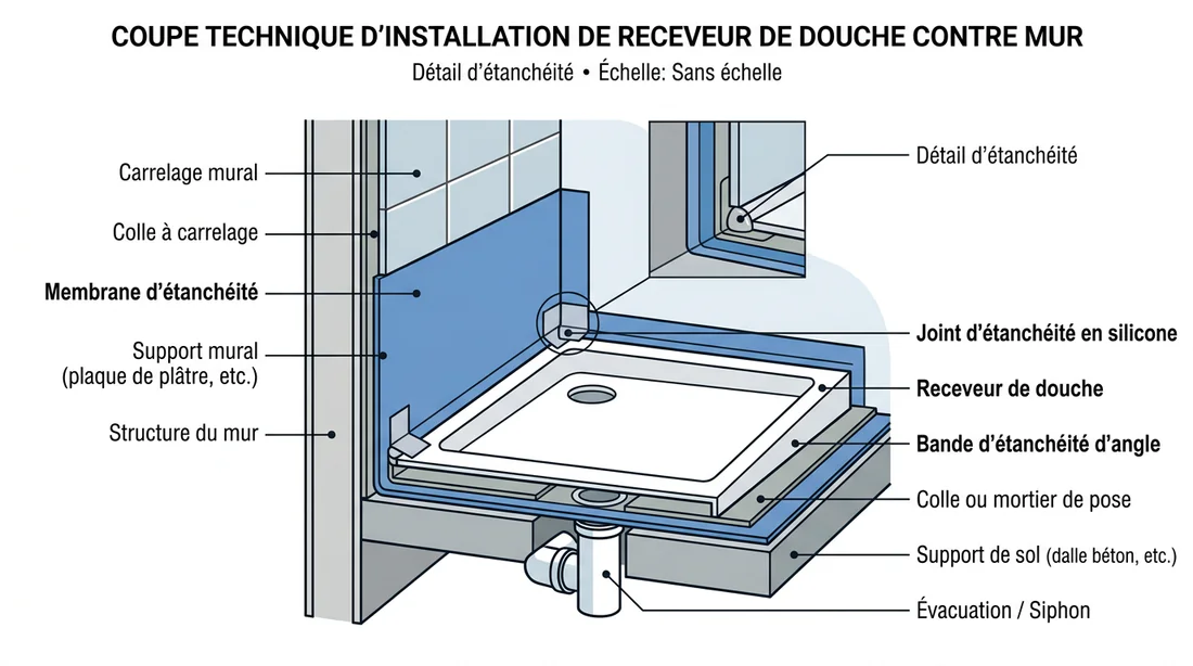 Schéma technique de l'étanchéité entre receveur de douche et mur