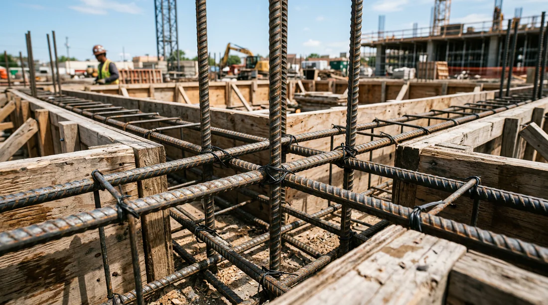 Ferraillage métallique en place dans un coffrage en bois avant le coulage du béton