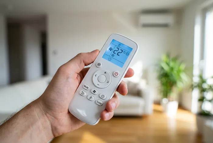Main tenant une télécommande de climatiseur avec écran digital