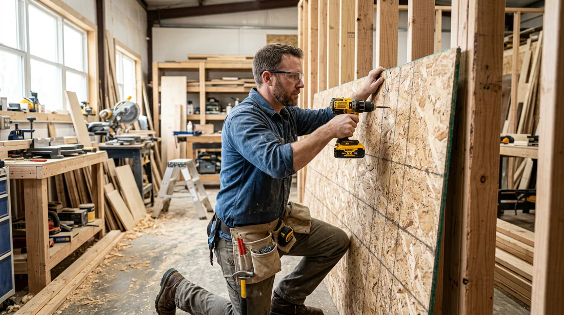 Bricoleur fixant un panneau OSB sur des tasseaux en bois dans un garage
