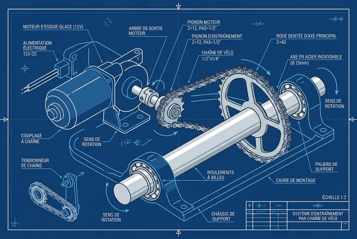 Schéma technique d'un moteur d'essuie-glace relié à une chaîne de vélo pour un tourne-broche