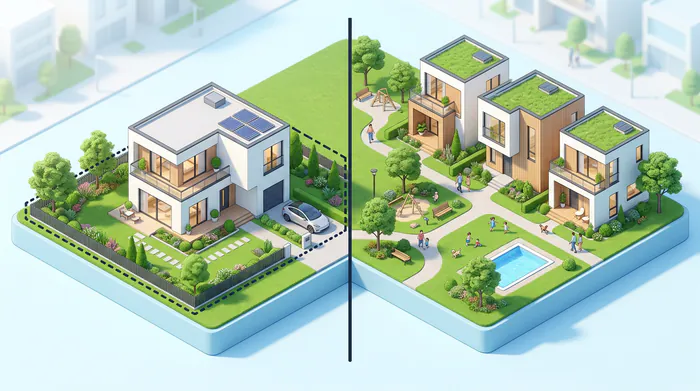 Infographie minimaliste opposant la maison individuelle en lotissement classique et la maison en copropriété avec répartition par quotes-parts