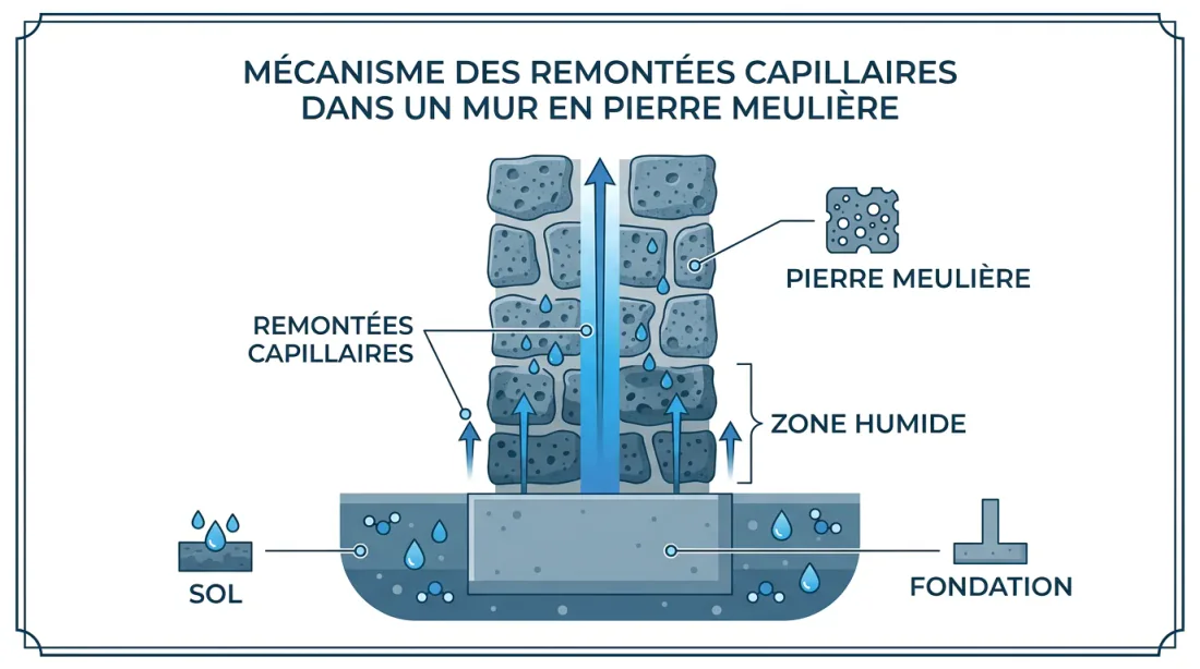 Gros plan mur meulière humide avec injecteur de résine en action et badge éditorial Avis & Retours