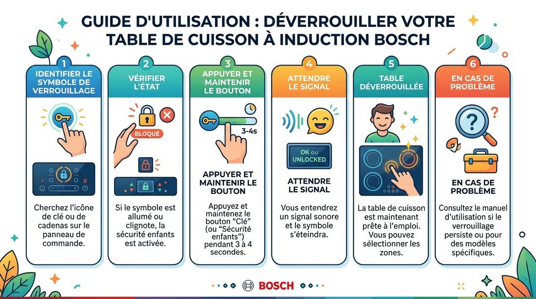 Infographie expliquant comment déverrouiller une plaque induction Bosch