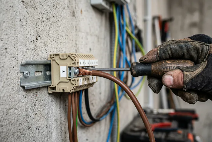Bricoleur raccordant un câble électrique 6mm² pour une plaque à induction