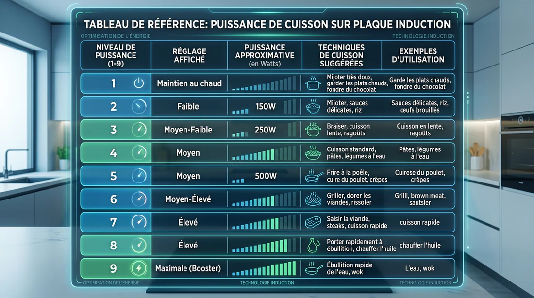 Tableau d'équivalence des puissances de cuisson et températures pour plaque induction