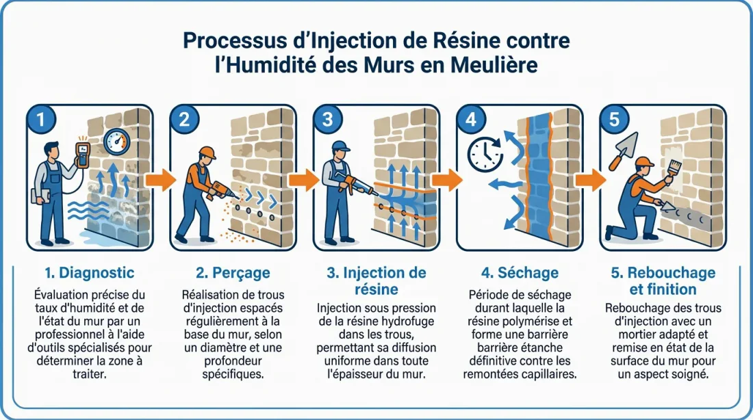 Gros plan mur meulière humide avec injecteur de résine en action et badge éditorial Avis & Retours