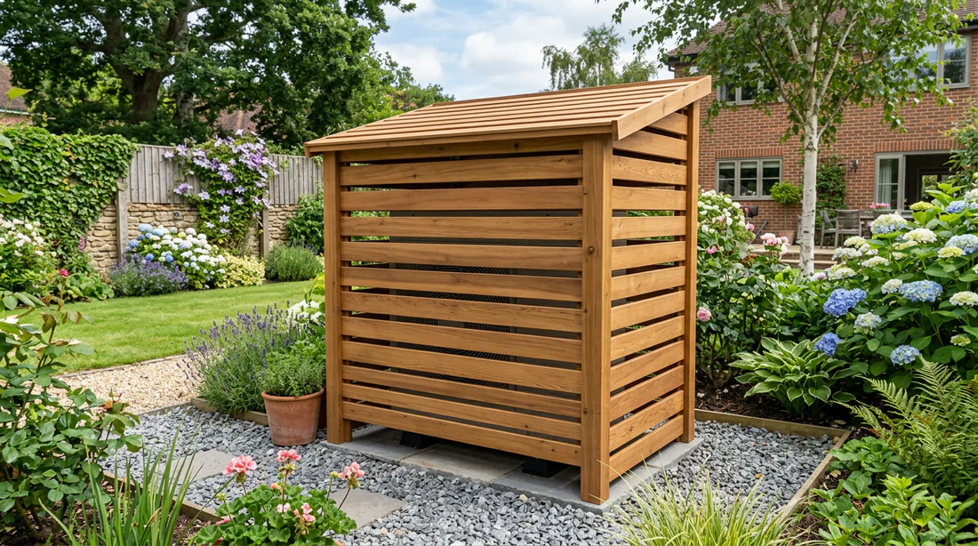 Caisson anti-bruit en bois installé autour d'une climatisation extérieure