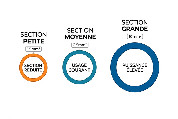 Comparaison visuelle des sections de câbles électriques 1.5mm2 2.5mm2 et 10mm2