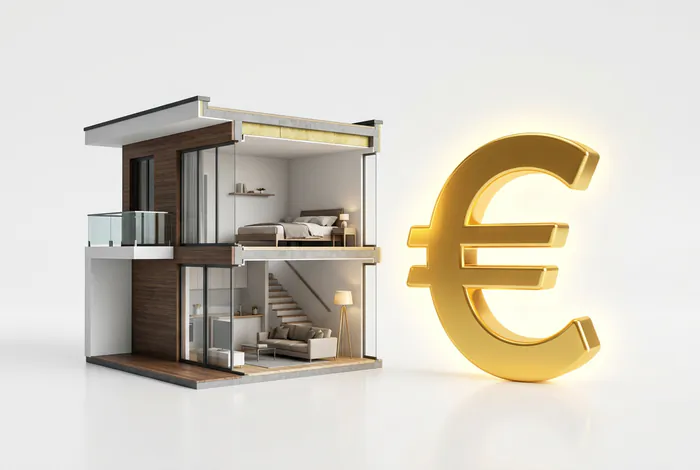 Icône 3D d'une maison coupée en deux avec le symbole de l'euro