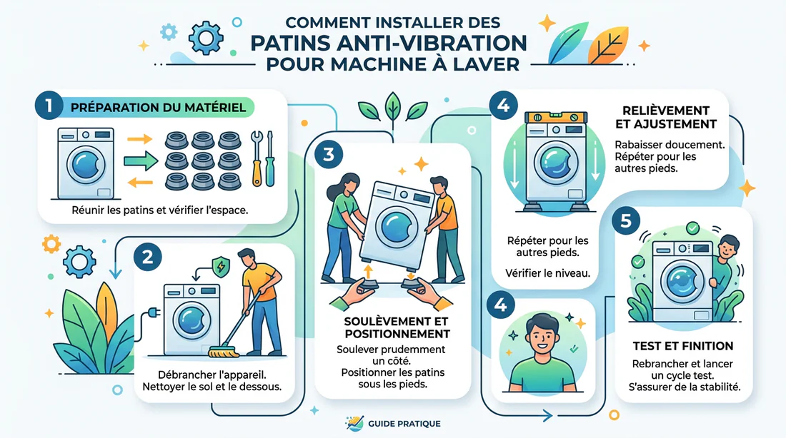 Schéma explicatif pour l'installation de patins anti-vibrations sous un lave-linge