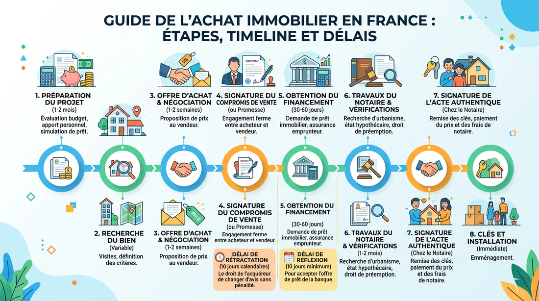 Infographie expliquant les délais et étapes d'un achat immobilier