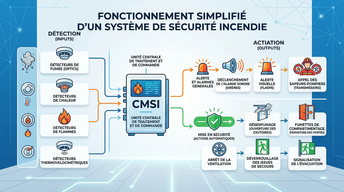 Infographie du fonctionnement d'un système de sécurité incendie