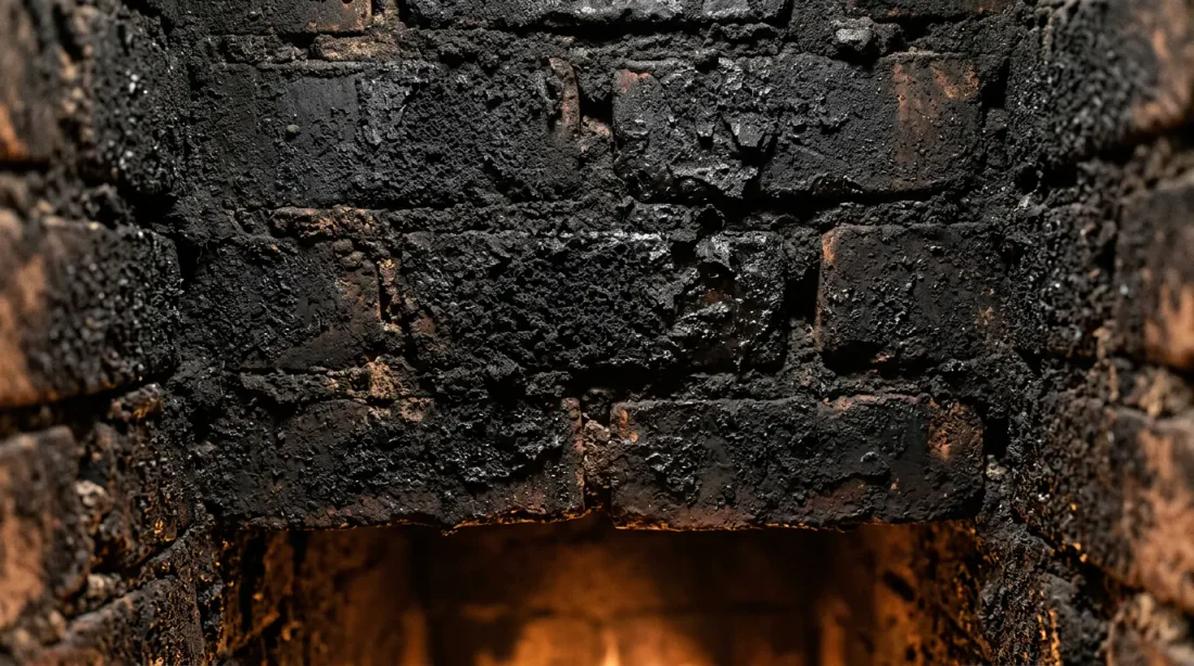 Gros plan d'une main gantée tenant de la suie noire au-dessus d'un foyer de cheminée