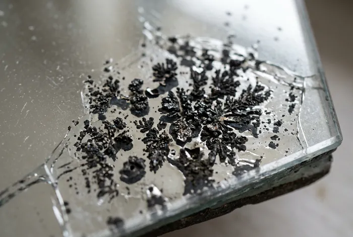 Gros plan sur l'oxydation d'un miroir.