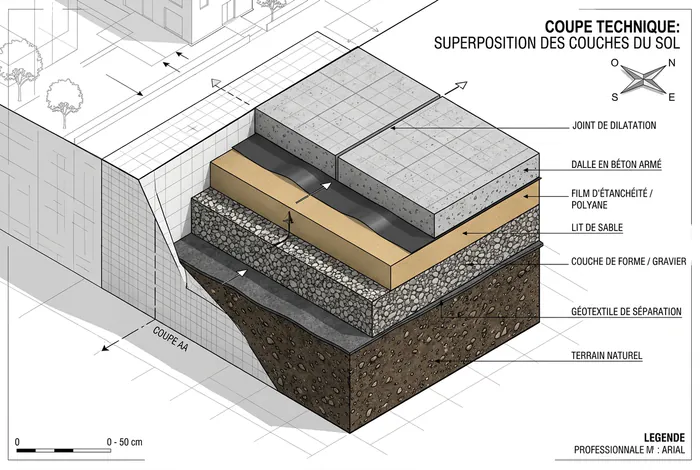 Schéma technique des couches d'une dalle en béton