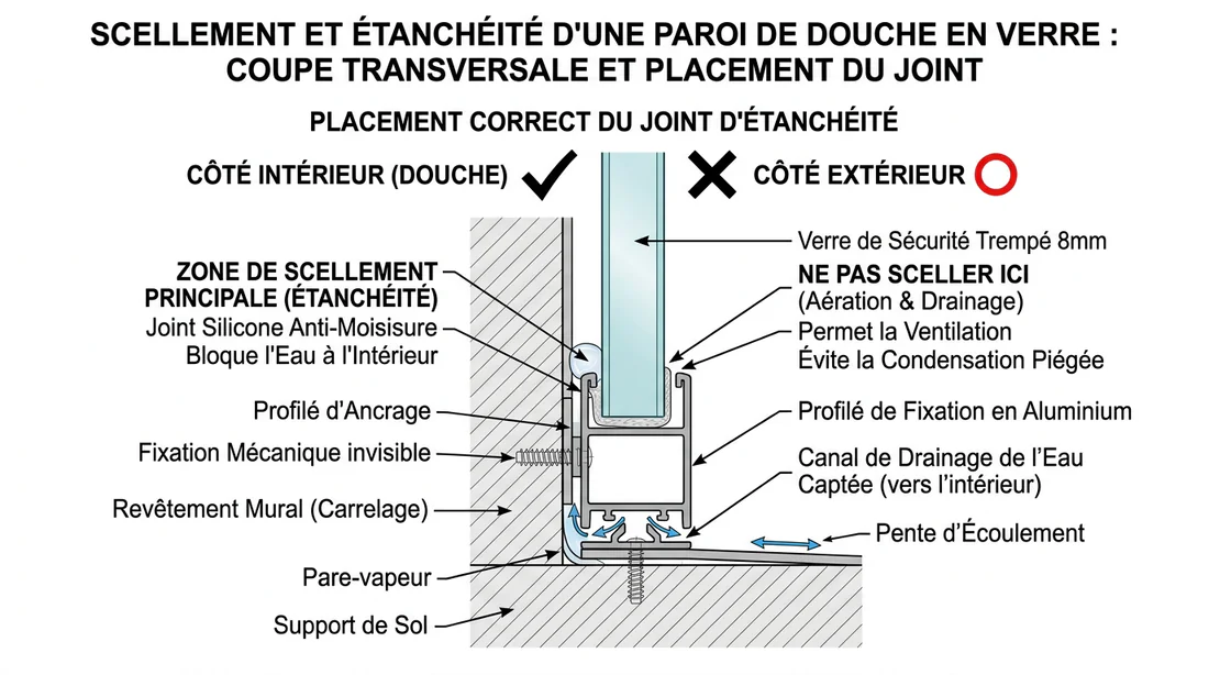 Schéma technique montrant l'emplacement correct du joint extérieur de douche
