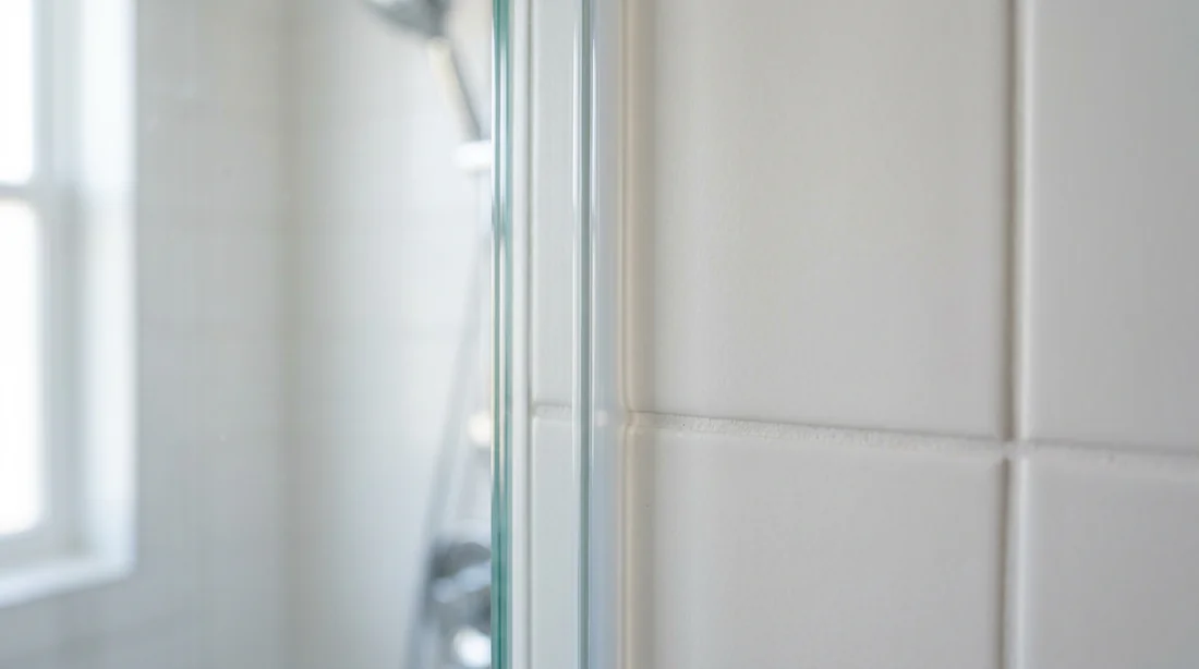 Détail d'un joint en silicone parfaitement réalisé pour une douche en verre