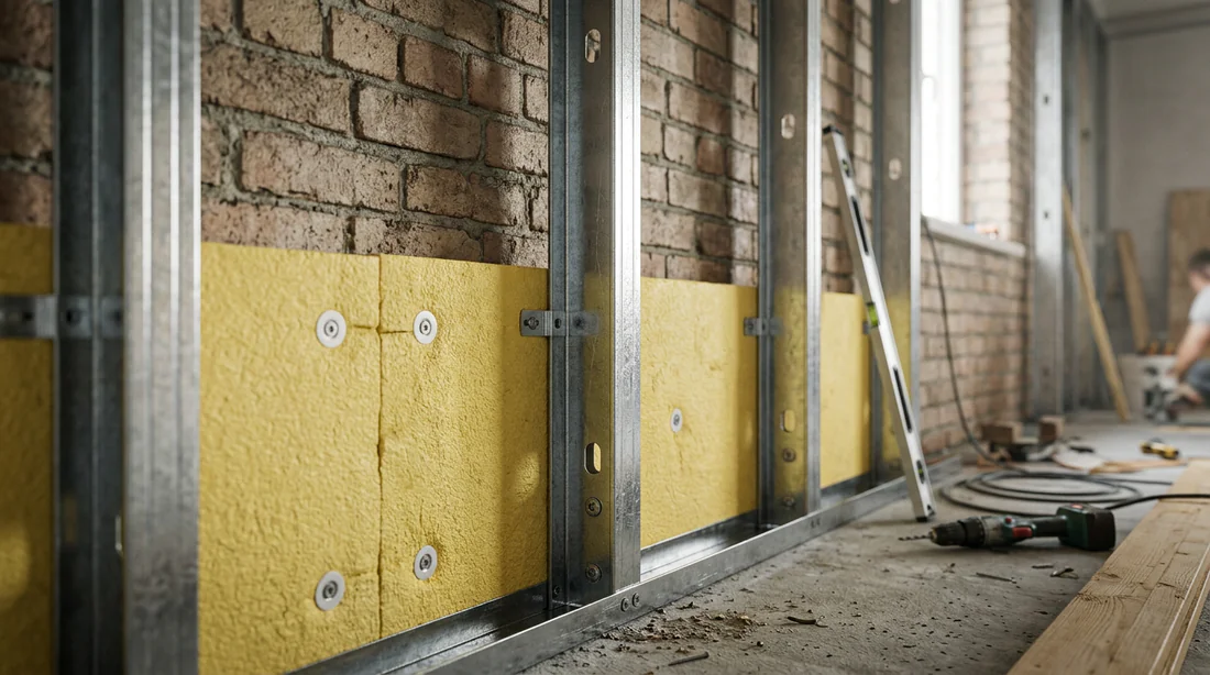 Schéma technique expliquant l'installation d'une plaque BA13 sur une isolation en polyuréthane