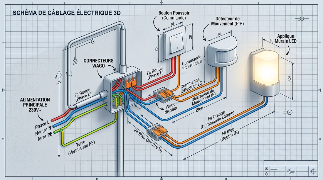 Matériel électrique nécessaire pour l'installation d'une applique murale avec détecteur.