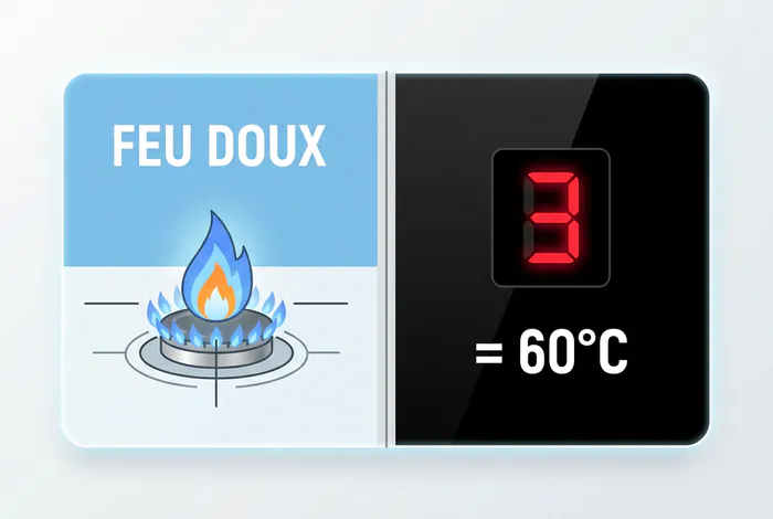 Infographie comparative entre le feu doux traditionnel et le niveau 3 d'une plaque induction