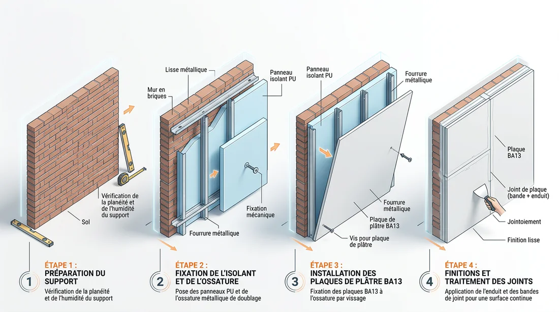 Ossature métallique fixée sur un mur par-dessus des panneaux d'isolation en polyuréthane