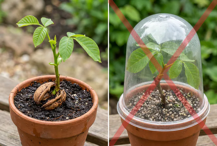Comparaison entre semis de noix germée et bouture de noyer sous cloche.
