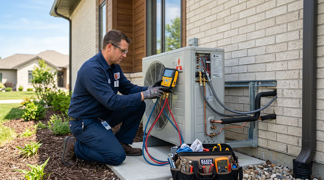 Technicien qualifié contrôlant une unité extérieure de climatisation