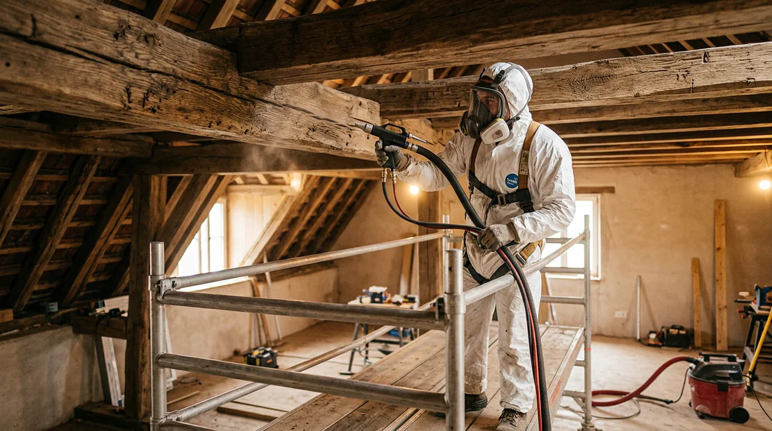 Artisan utilisant une aérogommeuse sur une poutre en bois d'un plafond