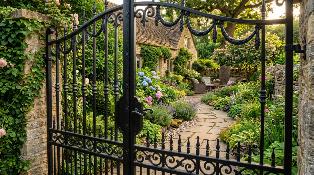 Vue depuis l'intérieur d'un jardin protégé par un portail festonné occultant