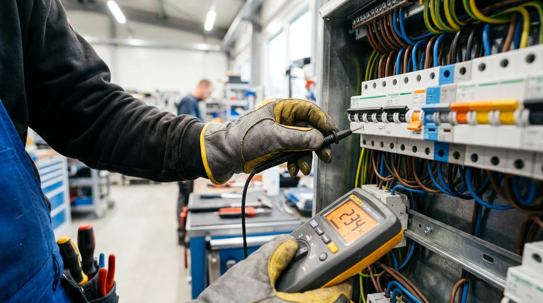 Électricien testant un disjoncteur avec un multimètre