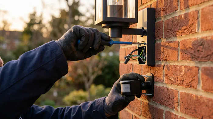Infographie montrant le branchement de fils électriques rouge, bleu et orange dans un Wago vers une ampoule.
