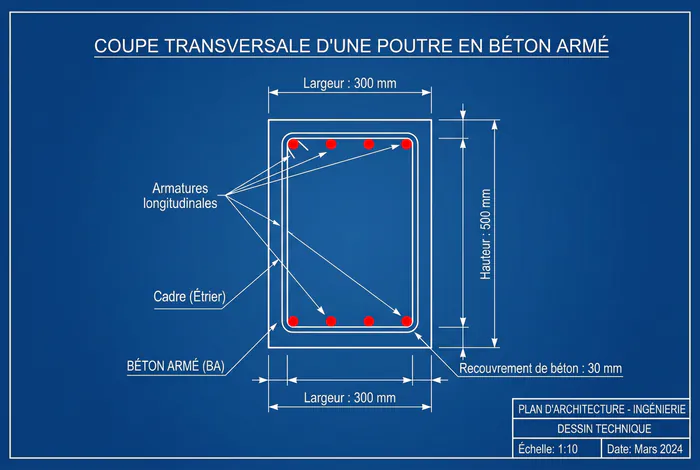 Schéma technique en coupe transversale d'une poutre en béton armé